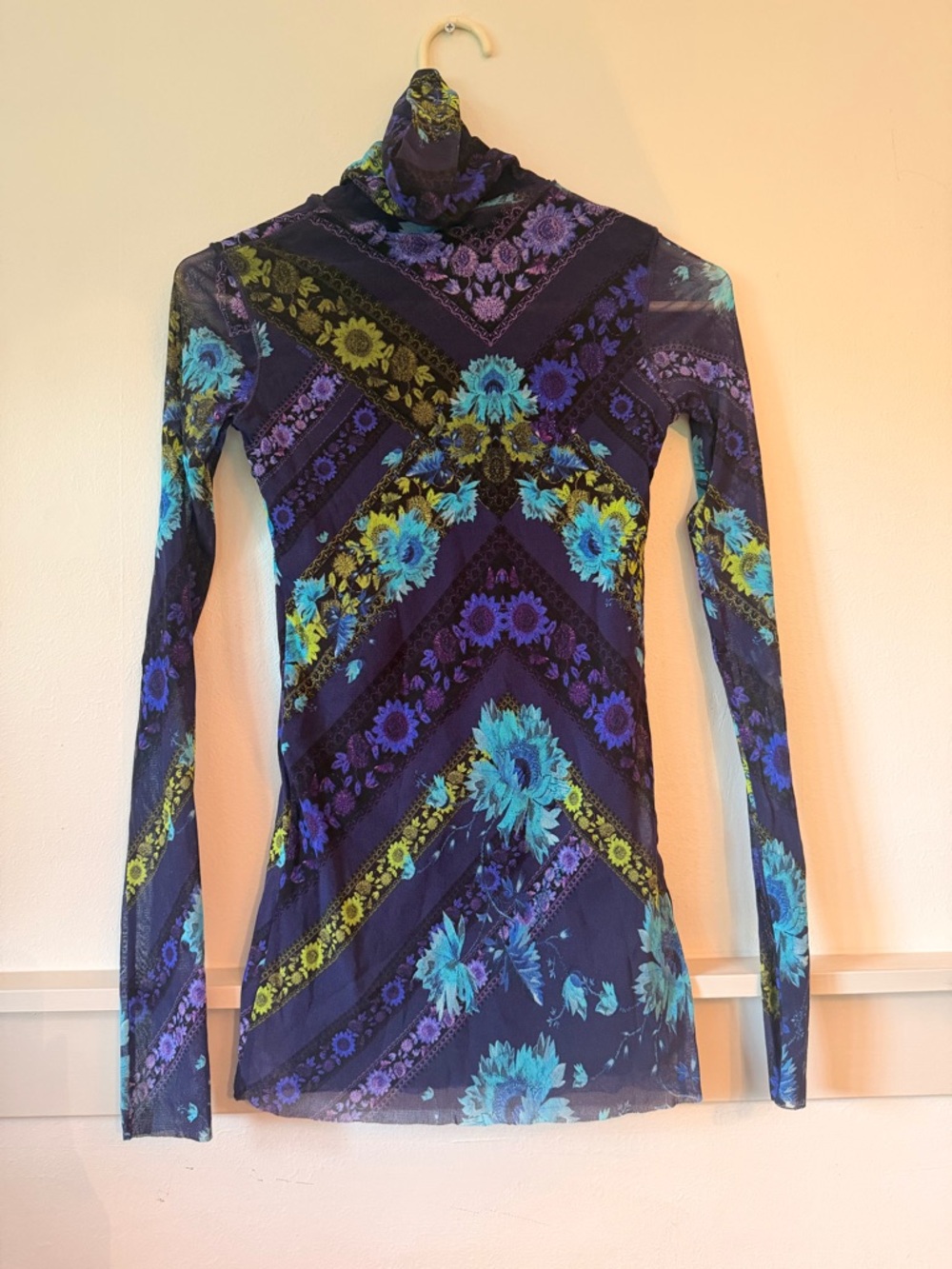 Fuzzi Floral Mesh Turtleneck Long-Sleeve Top - Blue/Purple